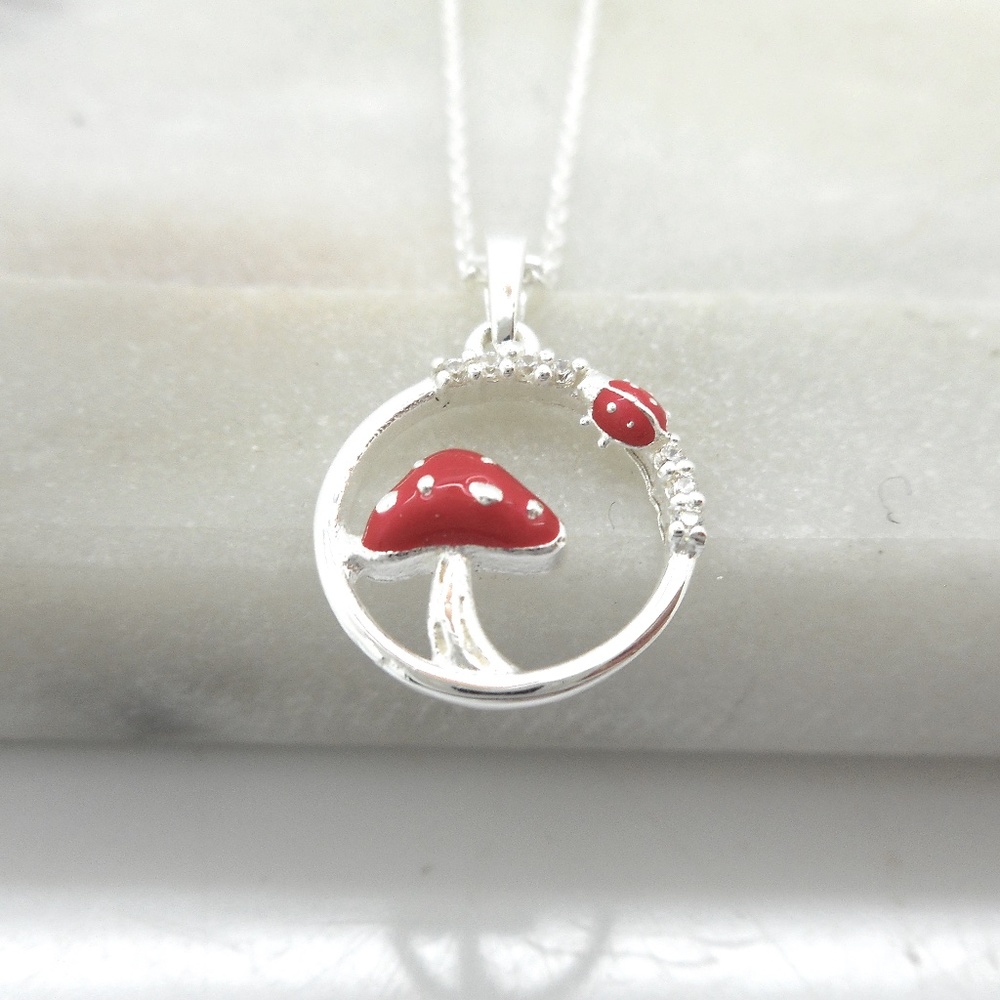 Solid 925 Sterling Silver Mushroom Ladybug Crysta… - image 1